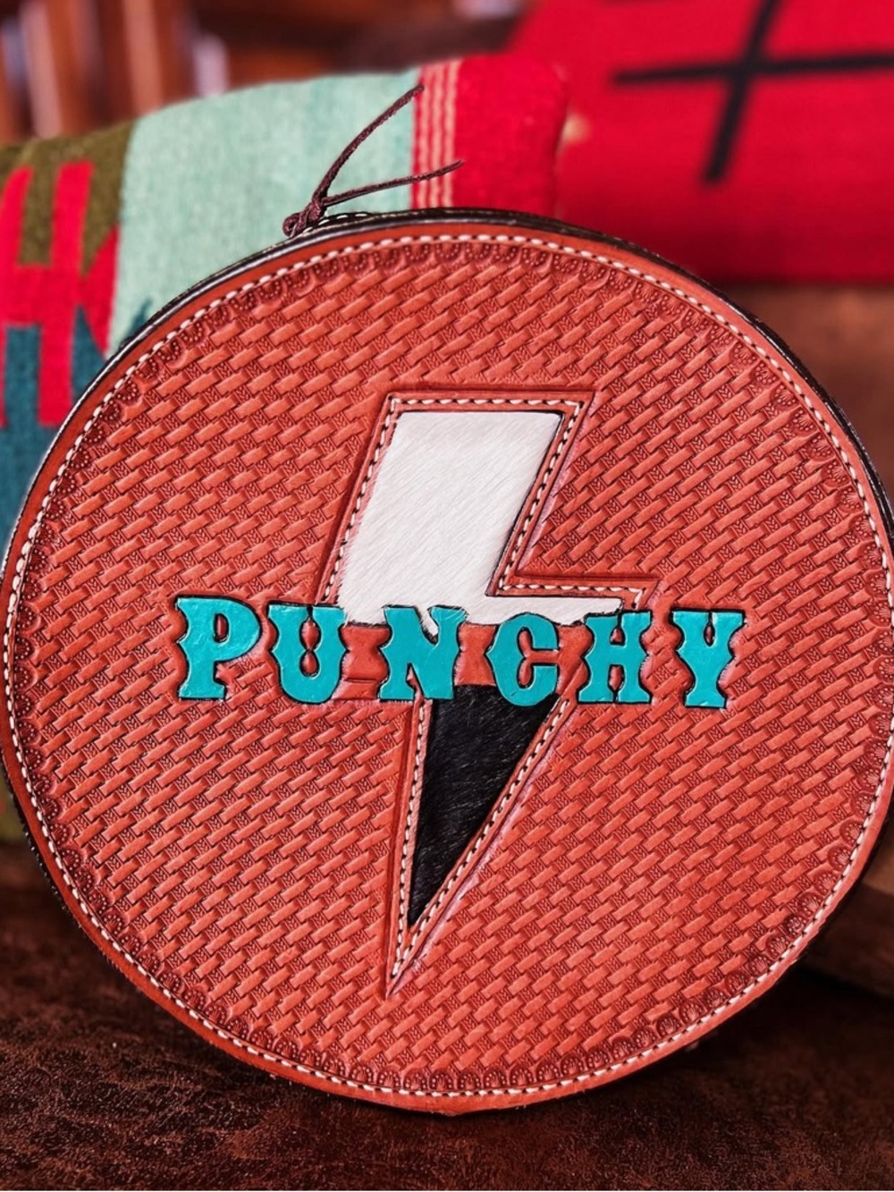 Round Leather 'PUNCHY' Crossbody Bag with genuine cowhide hide